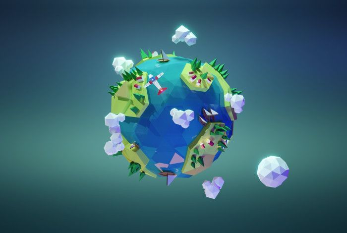 3D cartoon image of the world with a plain flying around it