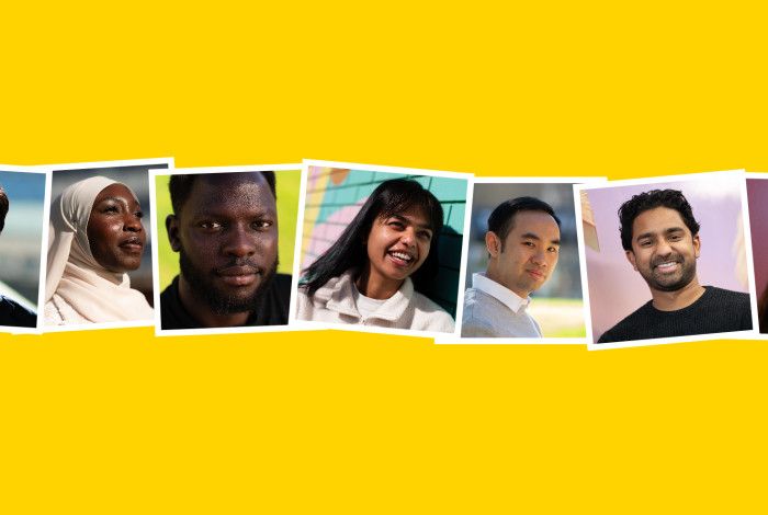 yellow background with 7 images of faces