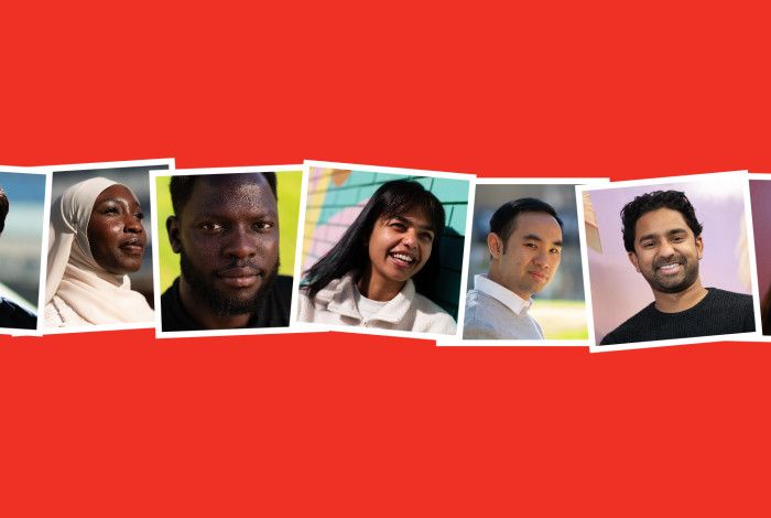 red background with 7 images of faces