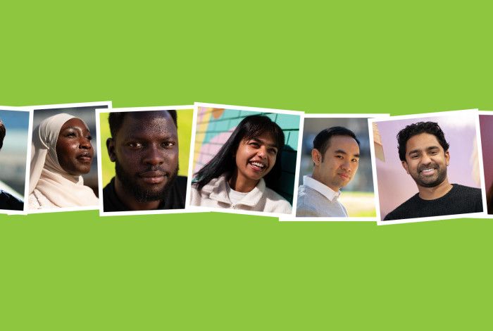 green background with seven images of people's faces