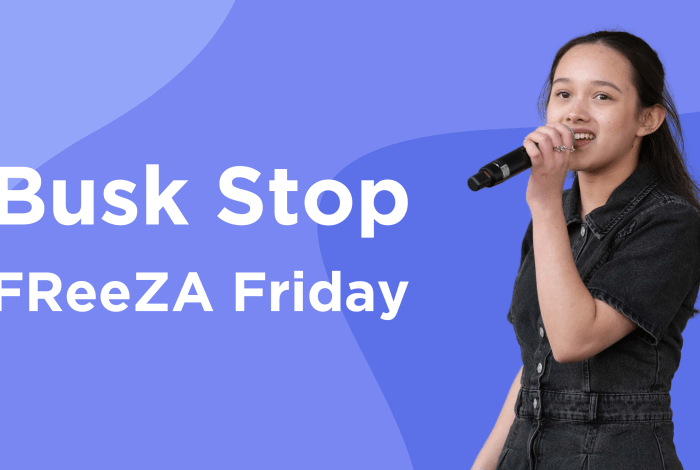 Writing saying "Busk Stop FReeZA Friday" with a person singing into a microphone and blue multicolored background