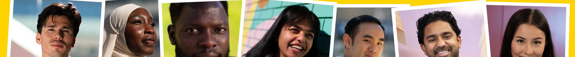 yellow background with 7 images of faces